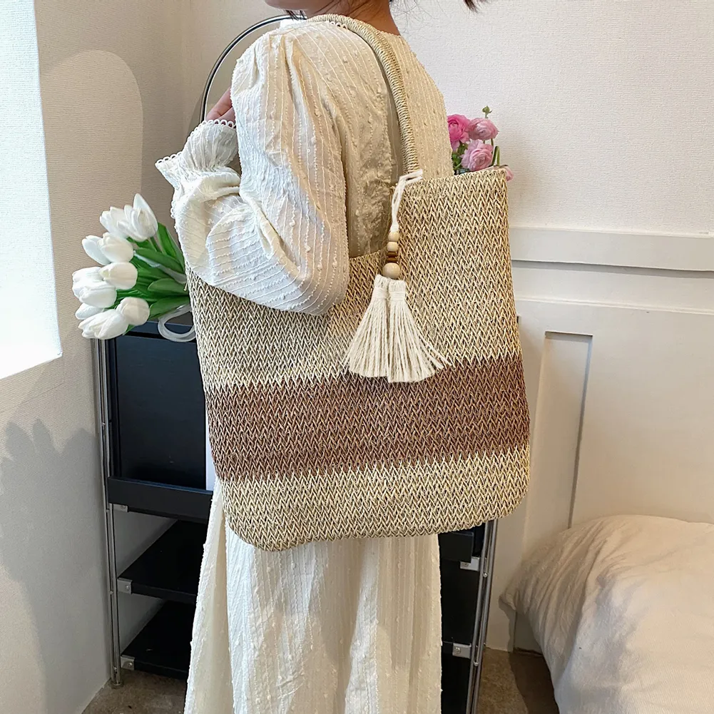 Summer Beach Bags Contrast Color With Tassels Straw Woven Bag Large-Capacity Handmade Fashion Casual Simple For Seaside_voghion.com