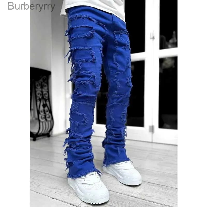 Jeans aderenti aderenti da uomo con frange hip-hop R Edge elastici e toppe punk rock lunghi e attillati, pantaloni in denim blu rosa_voghion.com