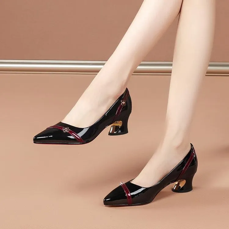 Sapatos femininos de couro fino, salto grosso, temperamento versátil, boca rasa, antiderrapante, trabalho, sapatos individuais, sem salto_voghion.com