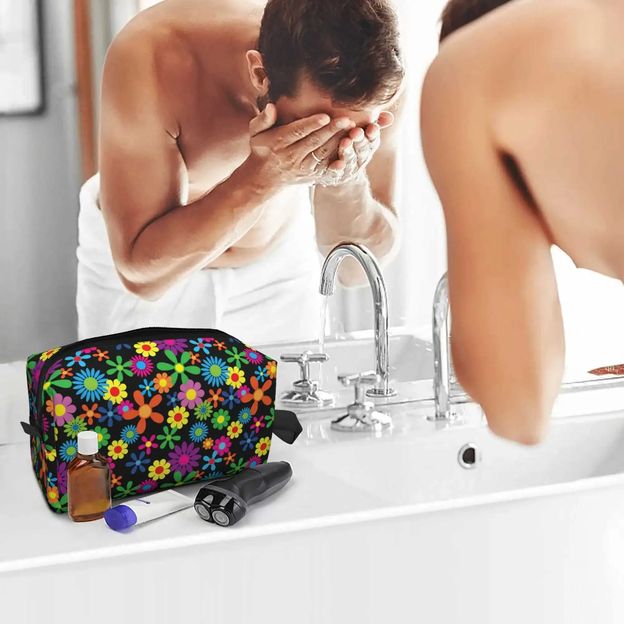 Trousse de maquillage de voyage étanche de grande capacité avec poignée pour femmes Hippie Wer Y241023_voghion.com