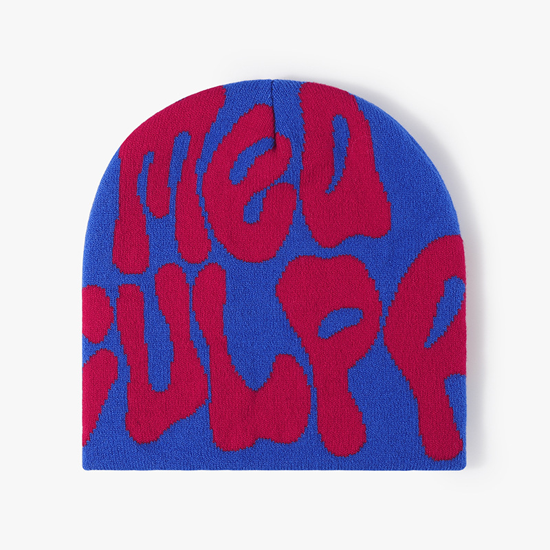 Bonnet tricoté universel pour hommes et femmes en jacquard avec lettres européennes et américaines, chapeau en laine chaud d'extérieur, chapeau froid sans bord personnalisé_voghion.com