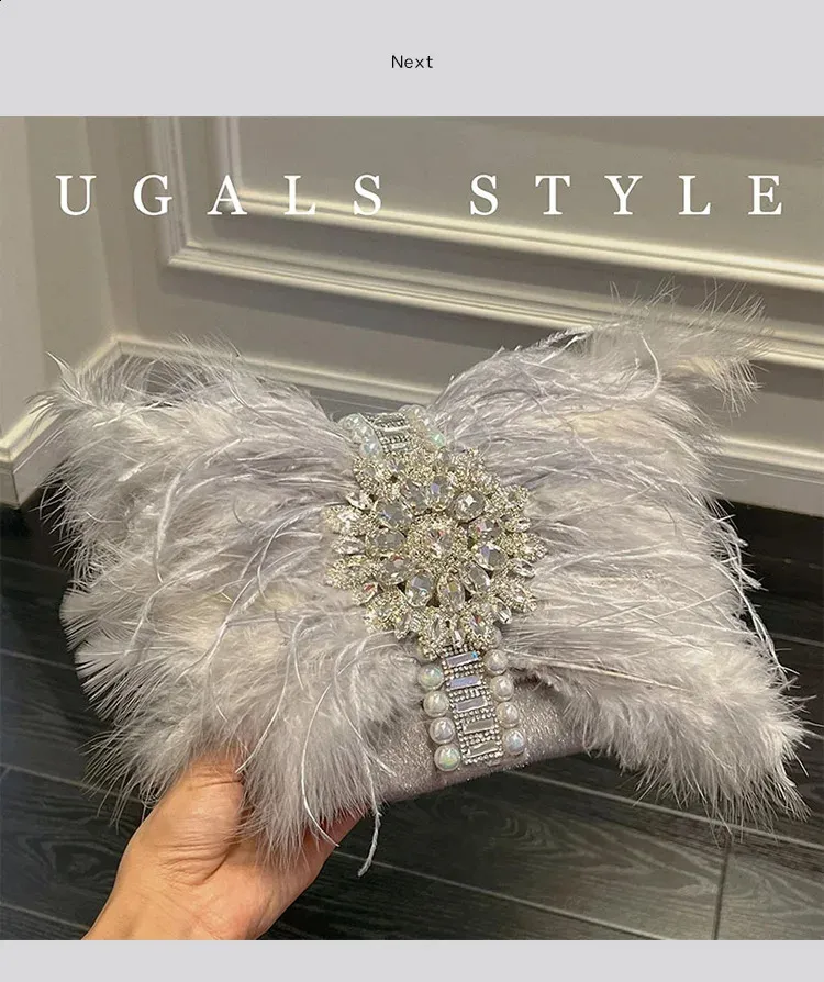 Ostrich Feather Evening Bag With Pearl Details For Women Party_voghion.com