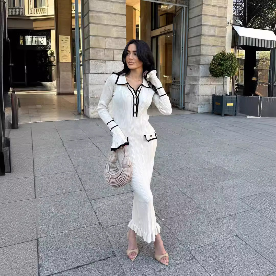 Women's Clothing Ruffled dress knitted dress long sleeve lapel button earrings