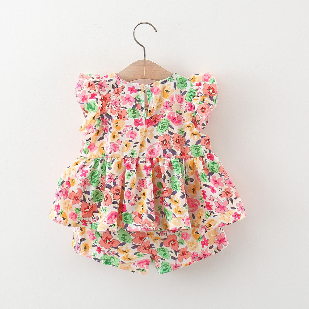 Baby Mädchen Kleidung Set Blume Gedruckt Bogen Top + Baumwolle Shorts Koreanischen Stil Kinder Kleidung_voghion.com