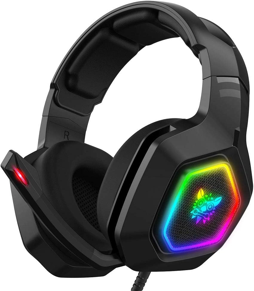 Casque de jeu avec microphone, pour PS4 PS5 Xbox One PC avec lumières RVB, avec réduction du bruit, son surround 7.1 supra-auriculaire et prise jack 3,5 mm filaire