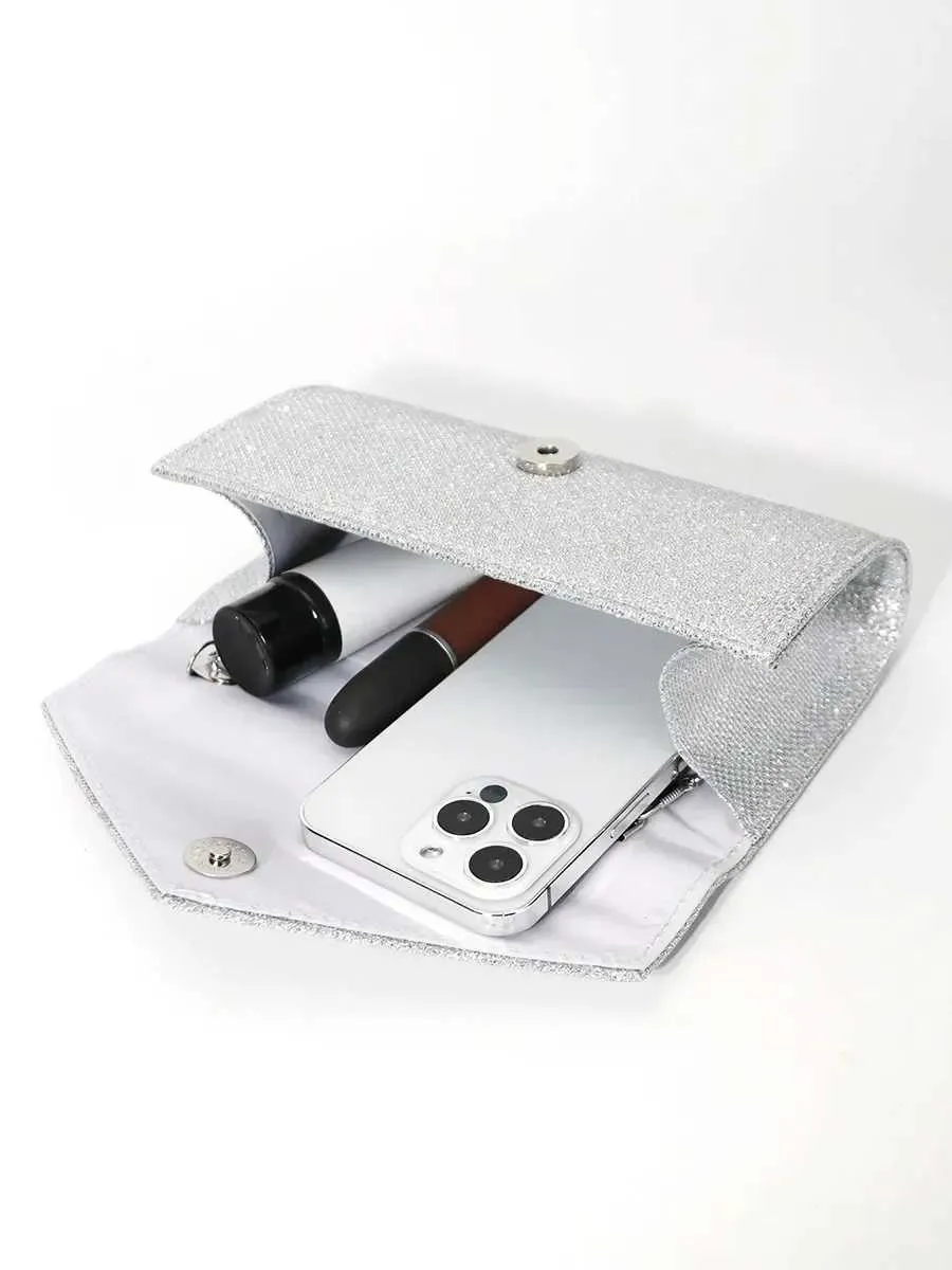 Womens envelope evening chain shoulder bag shiny sier long wallet womens wedding party clutch mini handbag Y241019_voghion.com