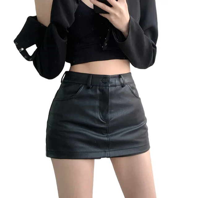 Jupe courte en cuir PU pour femmes, style vintage, streetwear, noir, sexy, fendue, taille haute, ligne A, mini jupes_voghion.com