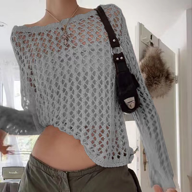 Damenmode einfarbiges, lockeres, perspektivisches Gitter-Langarm-Top_voghion.com