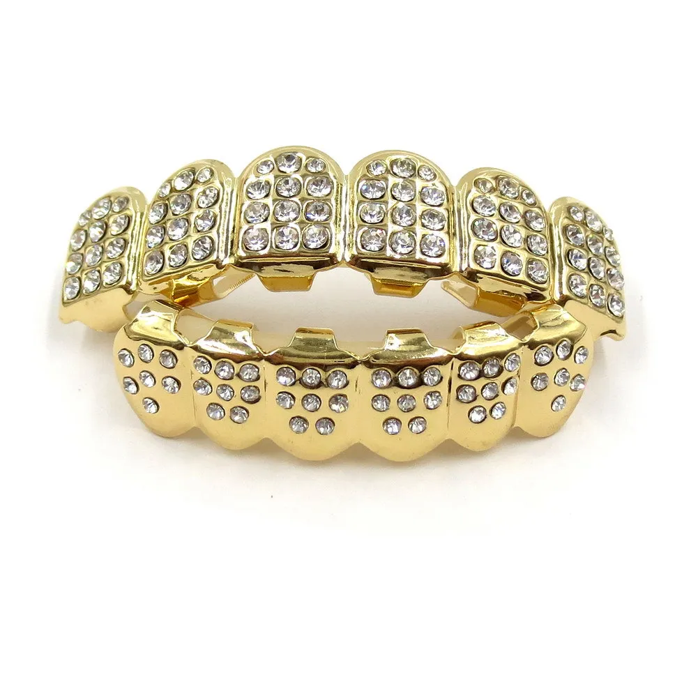Echtes Gold Vampirzähne Fang Grillz Punk Hiphop CZ Cubic Zirkon Poker Buchstaben Iced Out Dia Grills Zahnspangen Zahnkappe_voghion.com