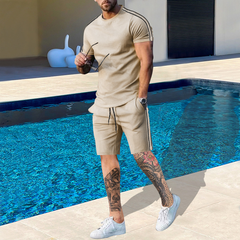 Spring And Autumn New Round Neck Shirt Short Sleeve Shorts Side Stripe Casual Fashion Men’s 2 Piece Set