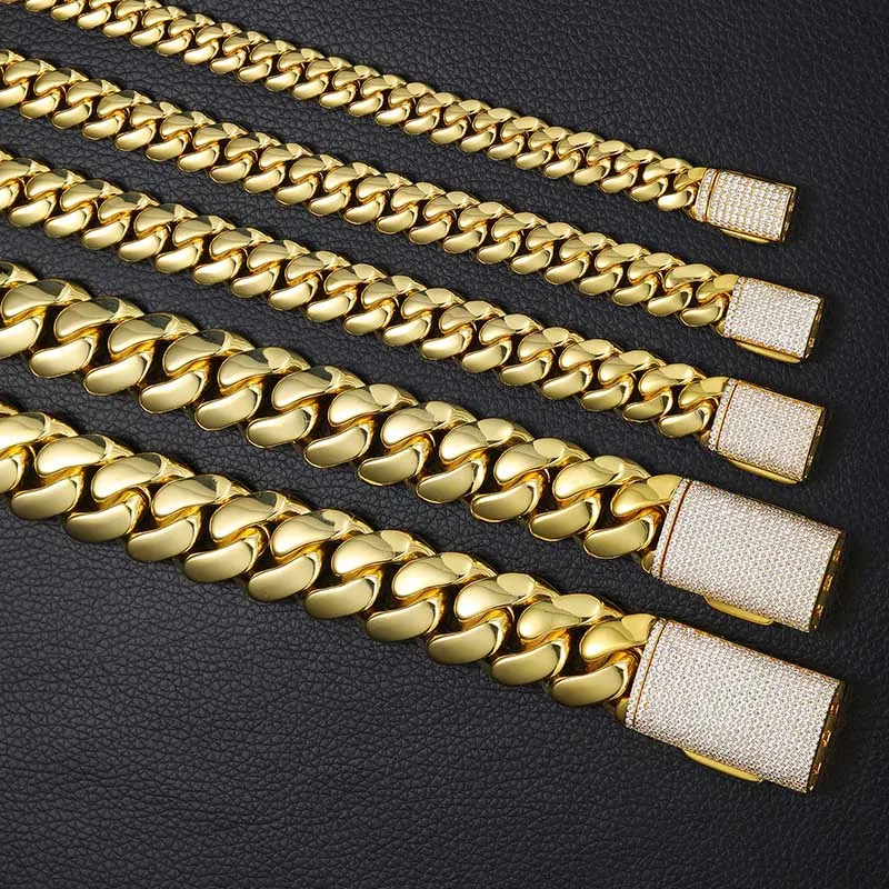 Hip Hop Miami Cuban Link Chain Halsketten Top Qualität Kupfer Echt Vergoldet Mikro Einsätze Sauber Diamant Verschluss Bling_voghion.com