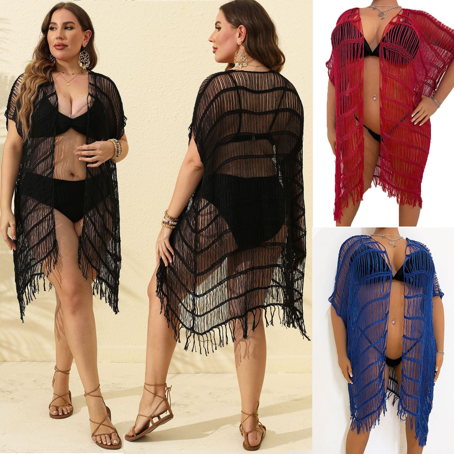 plus size women's sexy see-through short-sleeved cardigan outerwear blouse_voghion.com