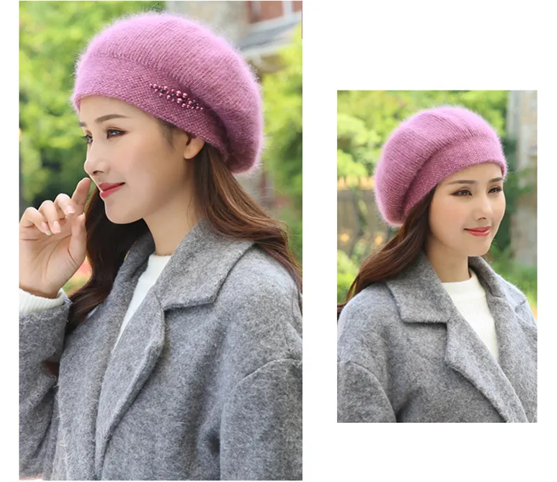 BeanieSkull Caps Beret Women Winter Hat Angora Autumn Knit Beanie Warm Thick Pearl Double Layers Snow Skiing Outdoor_voghion.com