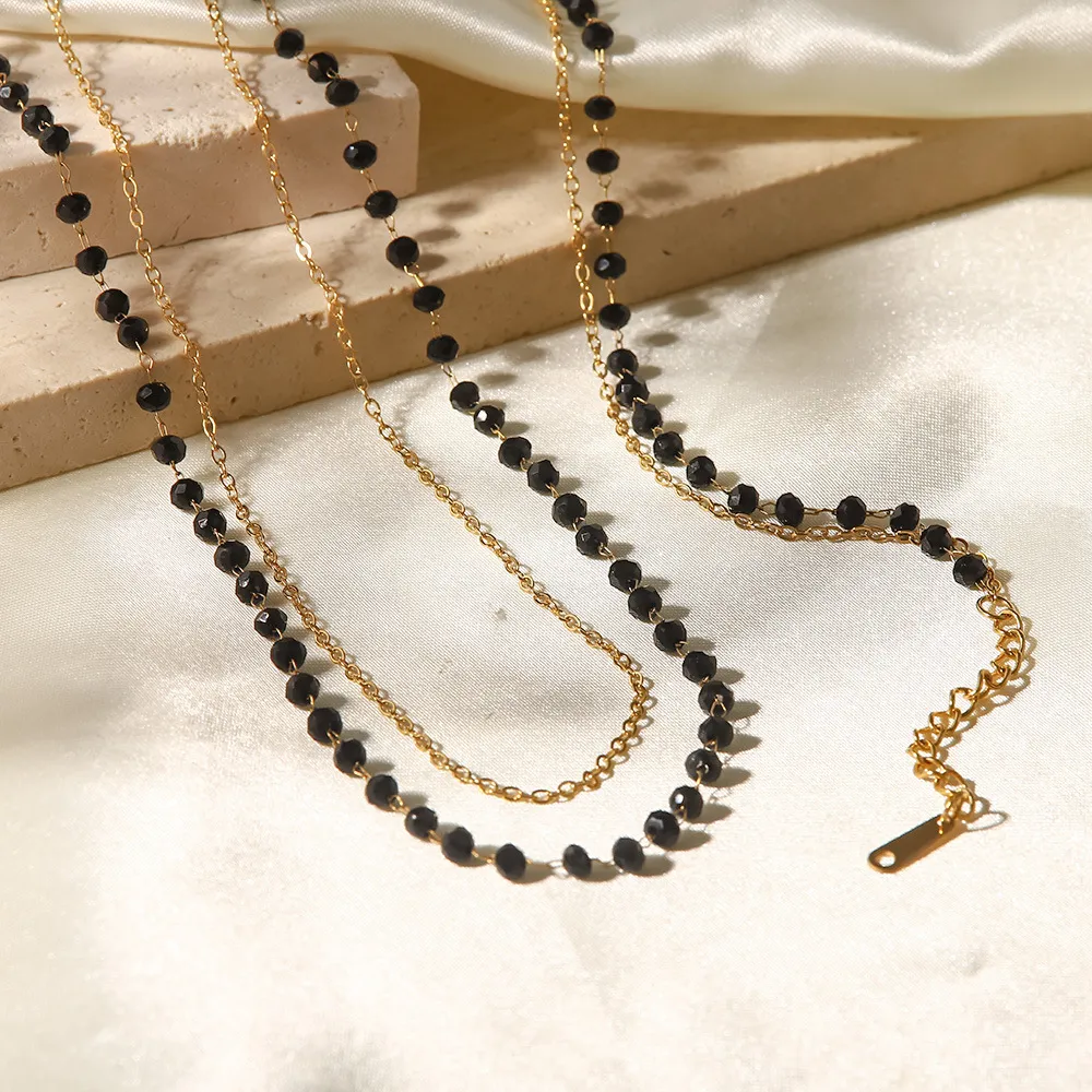 Lanțuri stil boho din oțel inoxidabil cu mărgele negre și piatră de sticlă dublă colier felie accesorii pentru femei_voghion.com