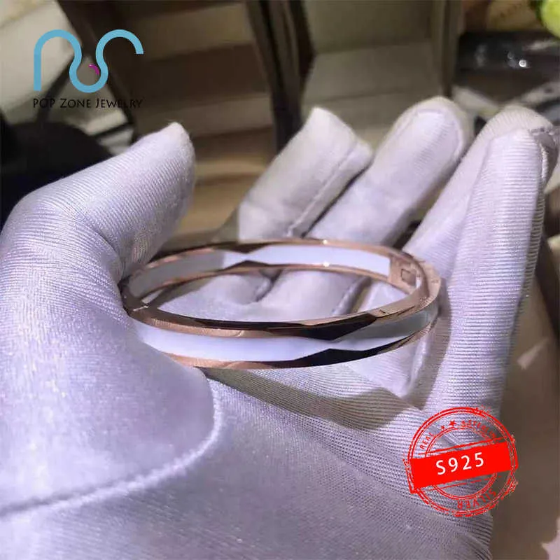 Sterling Silver And Ceramic Bangle Bracelet For Women Elegant_voghion.com