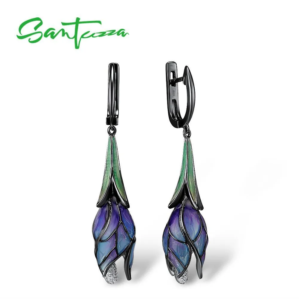 SANTUZZA Orecchini per donna in autentico argento sterling, squisiti pendenti, fiori viola, gioielli raffinati alla moda, fatti a mano, smalto CX200623_voghion.com