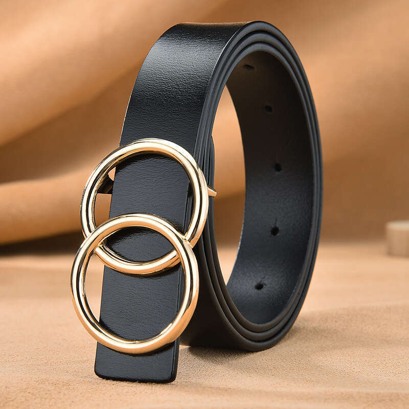 Real Smooth Versatile Double Circle Round Buckle Real Leather Women's Belt_voghion.com