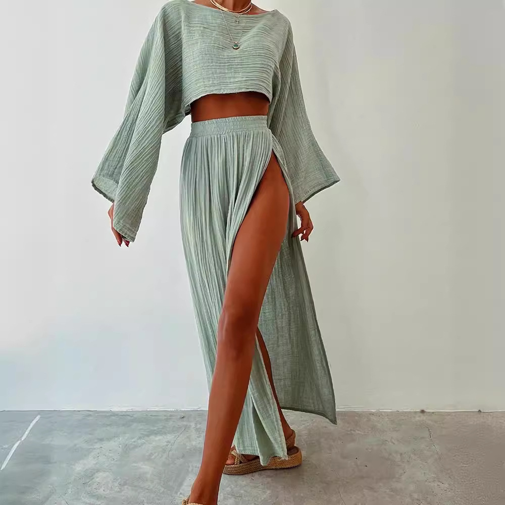 Women's linen blended cropped top high waist chic slit cotton and linen casual two-piece suit