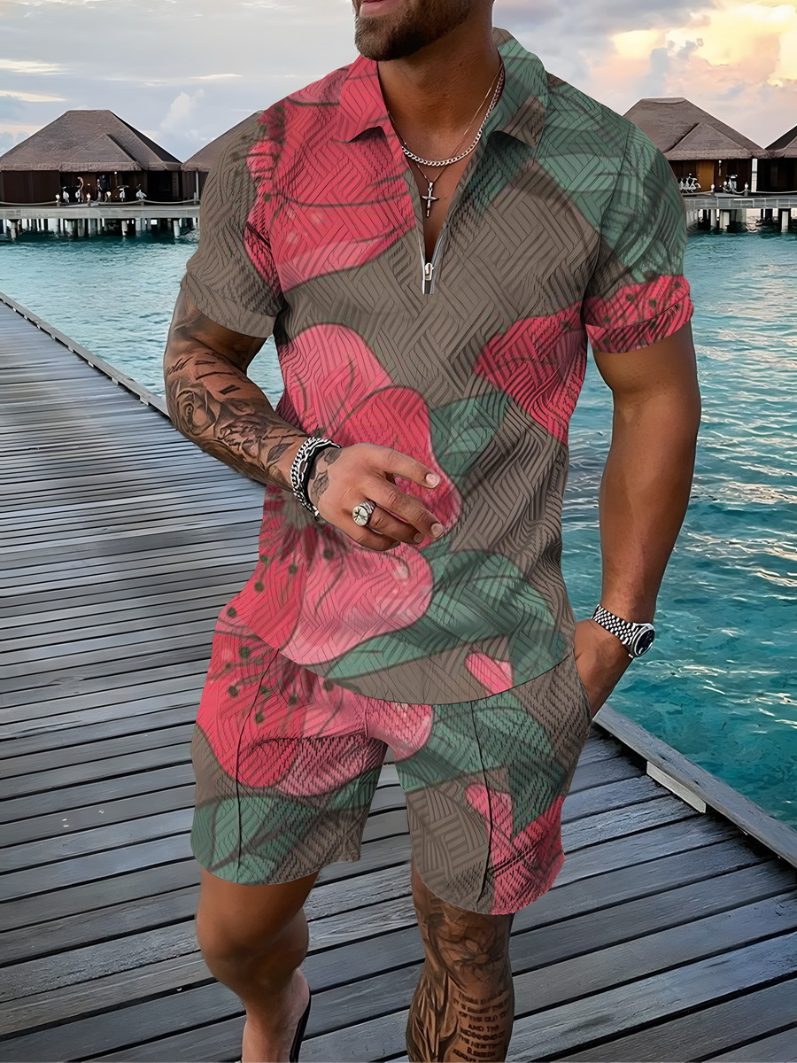 Men's 2pcs, Red Dots Pattern, Trendy Comfy Zip Polo And Plain Drawstring Waistband Shorts Set_voghion.com