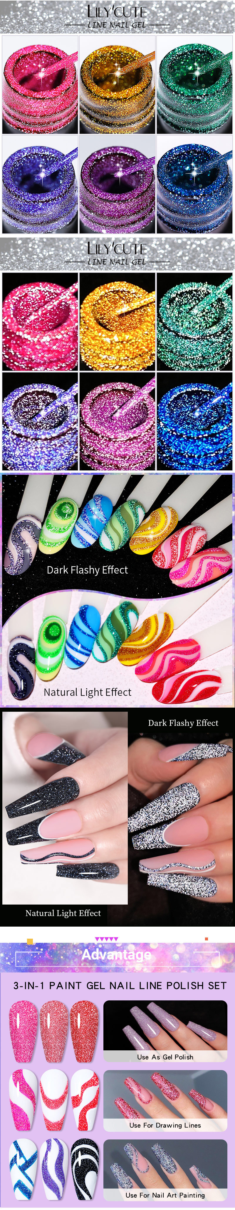 Disco Glow Pull String Gel & Reflective Diamond Dust Gel - Spider Web Nail Art Gel, UV Top Coat For Drawing Lines & 3D Effects_voghion.com
