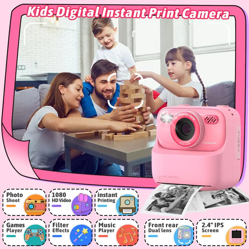 Sofortbildkamera für Kinder, 1080p HD, Dual-Objektiv, Selfie-Digitalkamera für Mädchen und Jungen, Weihnachts- und Geburtstagsgeschenk, mit 32 GB Druck_voghion.com