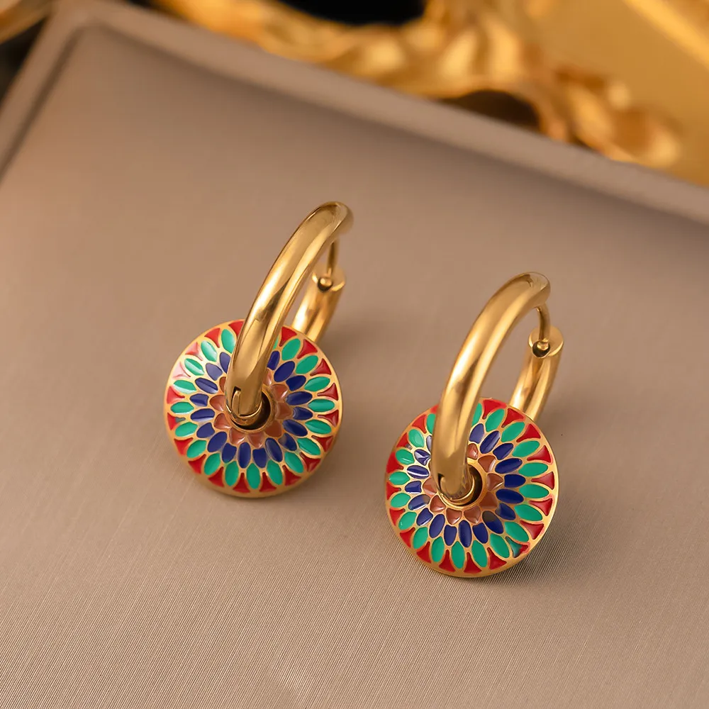 Wedding Sets 316L Stainless Steel Romantic Retro Enamel Round Gold Color Ear Buckle Hoop Earrings For Womens Fashion_voghion.com