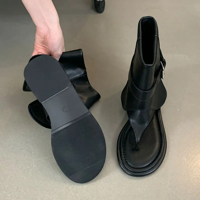 Weibliche Slip-On-Schuhe Wohnungen mit Frauen Ankle Flip Ps Mode Runde Kappe Damen Sandalen Stretch Stiefel Schuhe 2024_voghion.com