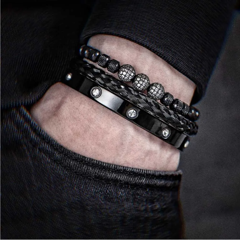 Pulseira 3 Deluxe Micro Pay CZ Contas Redondas Royal Charm Pulseira Masculina de Cristal em Aço Inoxidável Casal Joias Feitas à Mão Presentes_voghion.com