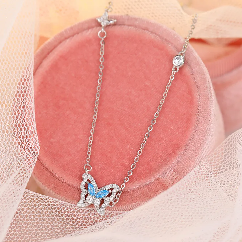 Chaînes en argent sterling avec pendentif papillon brillant pour fille douce, bijoux élégants à la mode, chaîne de clavicule pour femmes_voghion.com