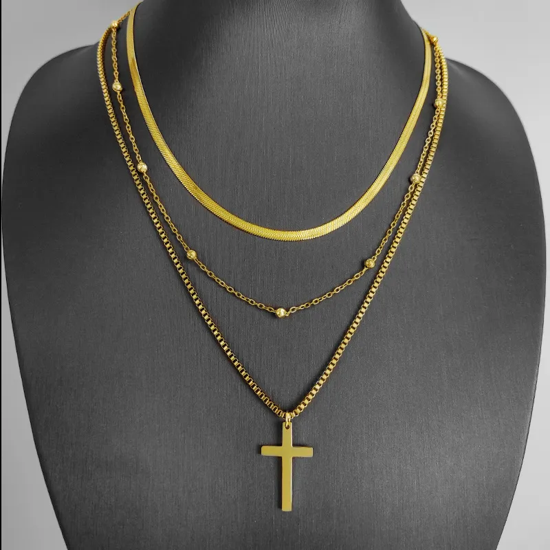 Catene G&D Alta qualità in acciaio al titanio placcato oro colore croce minimalista multifilo collana per le donne gioielli festa_voghion.com