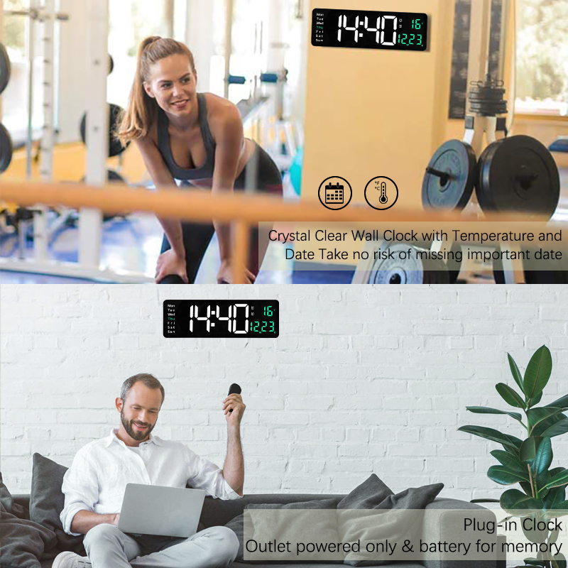 Wall-Mounted Large LED Digital Wall Clock Temp Date Week Display Power Off Memory Table Clock With Remote Control For Household_voghion.com