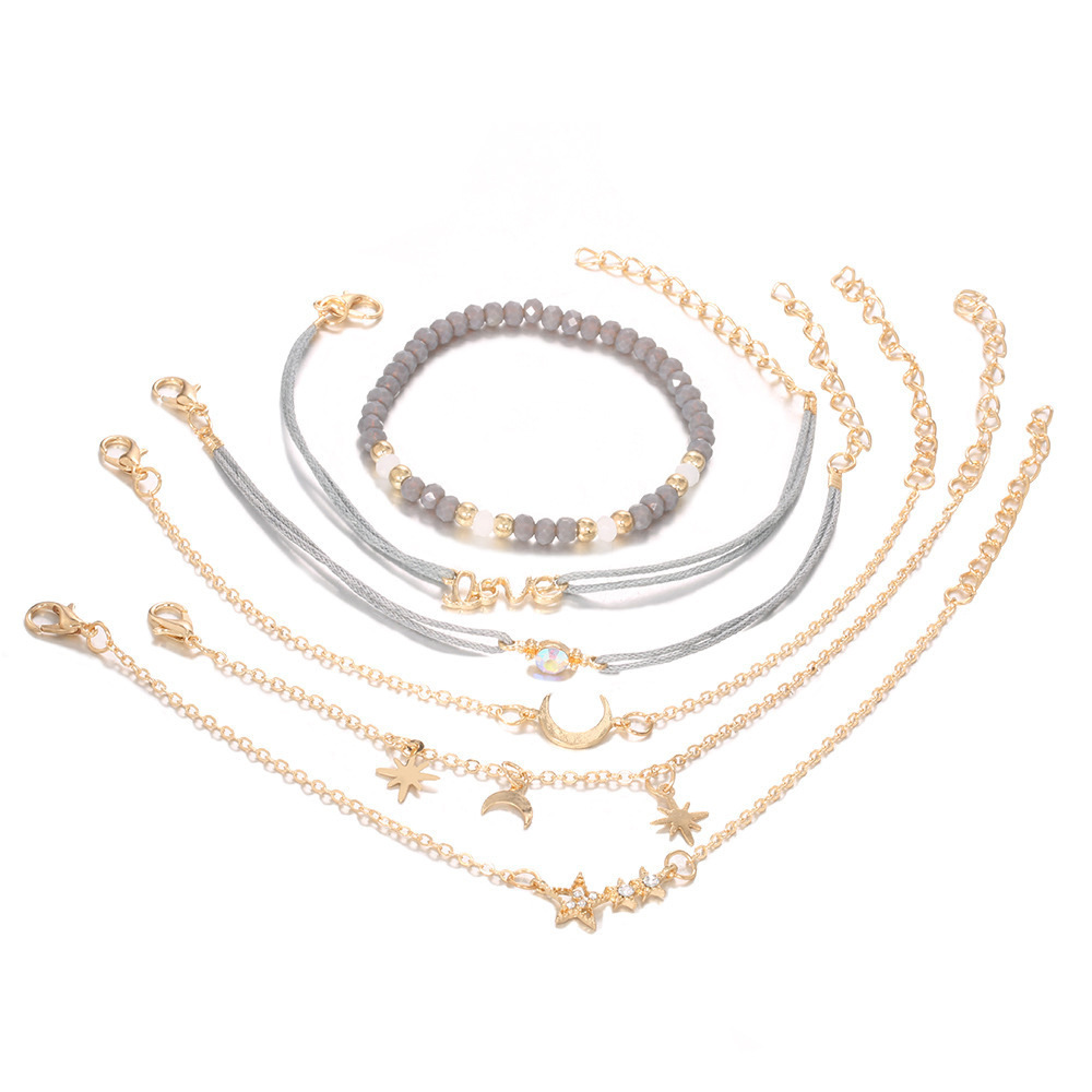 New Style Star Moon Personalized Pendant Bracelet String Grey Bead Handicraft Set of Six Bracelets_voghion.com