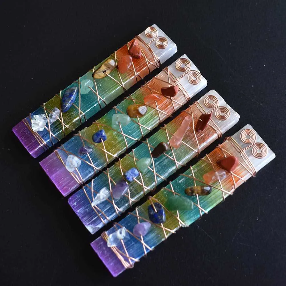 7 cristaux de guérison des chakras, perles en fil de fer enroulé, bâton de sélénite brute pour la méditation du yoga, spirituel, Reiki_voghion.com