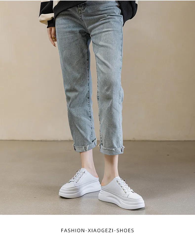 Genuine Leather Thick Soled Round Toe Half Slippers Heelless Lazy Casual And Fashionable Women Small White Shoes_voghion.com