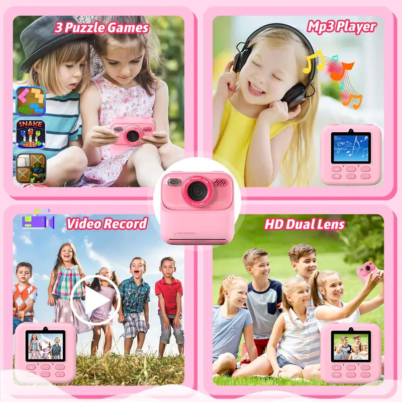 Sofortbildkamera für Kinder, 1080p HD, Dual-Objektiv, Selfie-Digitalkamera für Mädchen und Jungen, Weihnachts- und Geburtstagsgeschenk, mit 32 GB Druck_voghion.com