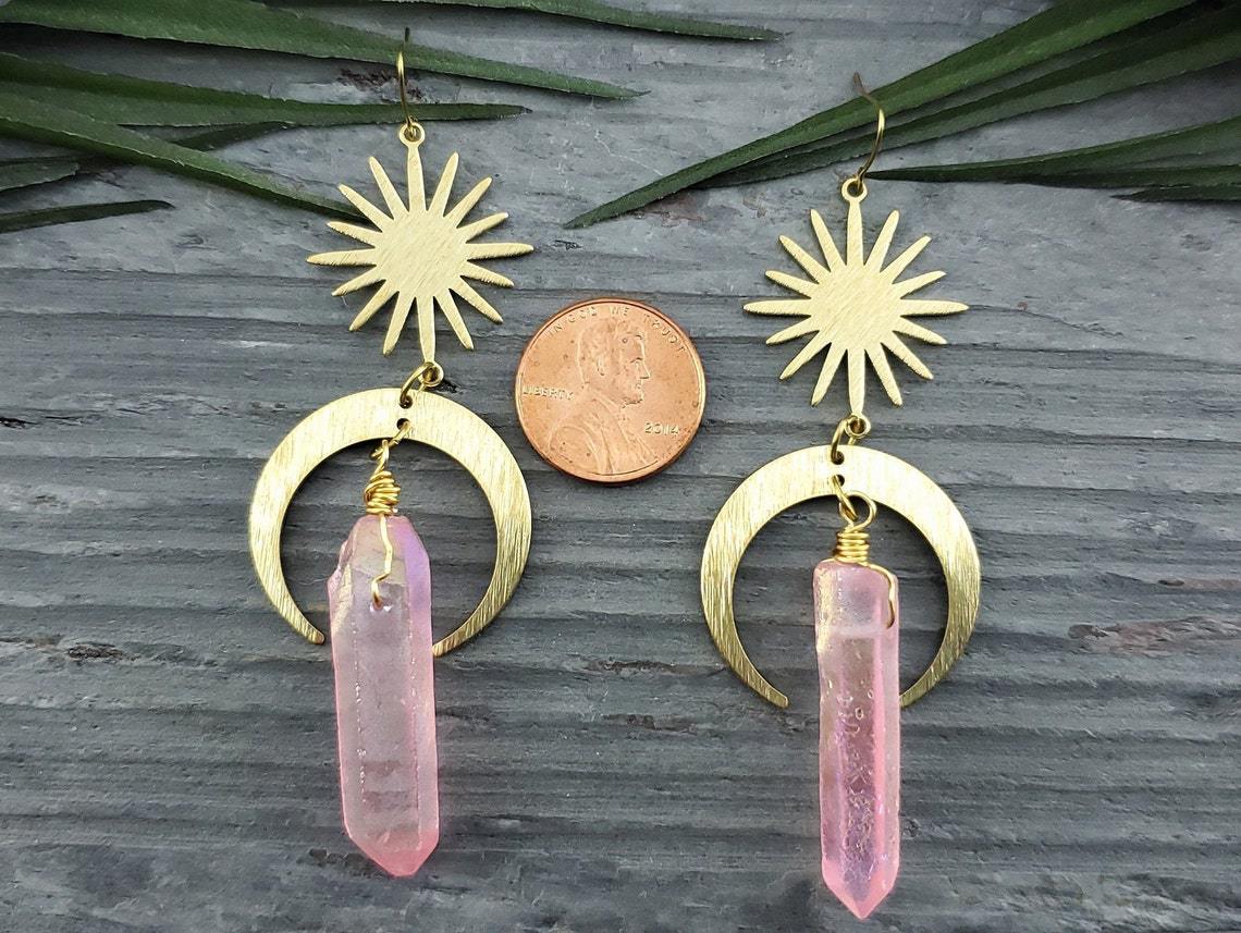 Earrings Pink Quartz Moon Earrings_voghion.com