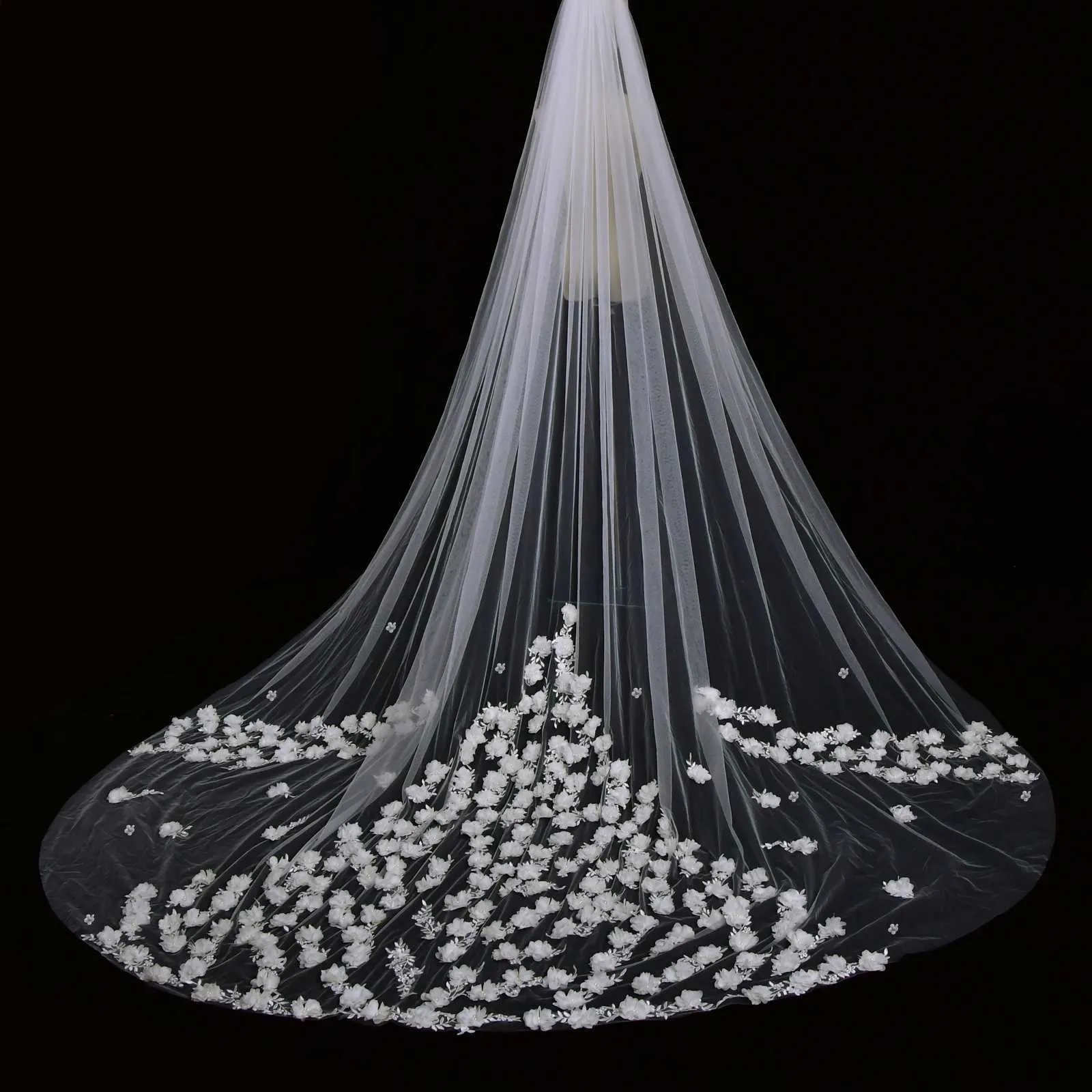 Hair Jewelry V123 Full Flowers Lace Beaded Wedding Veil Long Cathedral Style Soft Bridal Illusion With Comb Bride_voghion.com