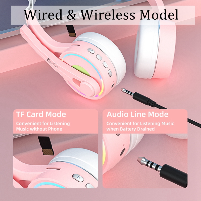 Cuffie rosa a forma di gatto, auricolari wireless RGB Bluetooth con microfono, regalo per bambini, musica stereo per iPhone, Xiaomi, supporto TF, MP3_voghion.com