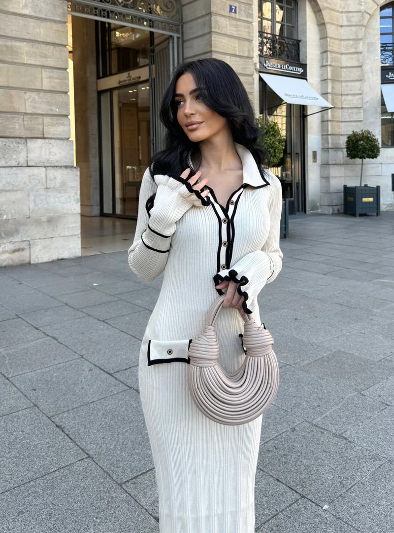 Women's Clothing Ruffled knitted dress long sleeve lapel button earrings_voghion.com