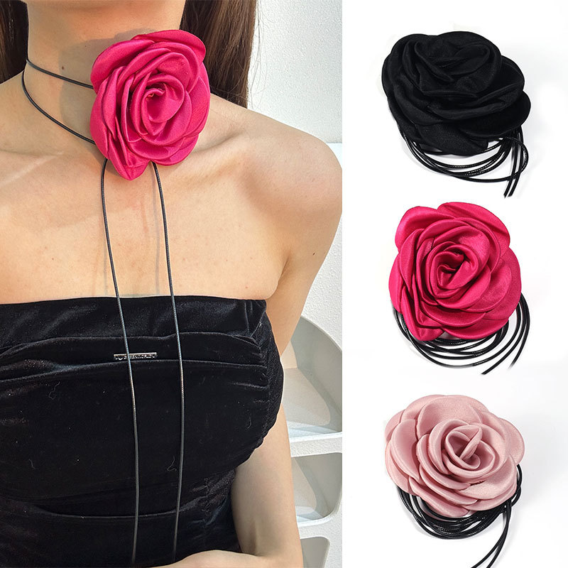 Handmade Fabric Flower Strap Necklace Sexy and Pure Desire Korean Wax Neckchain Choker Collar for Women_voghion.com