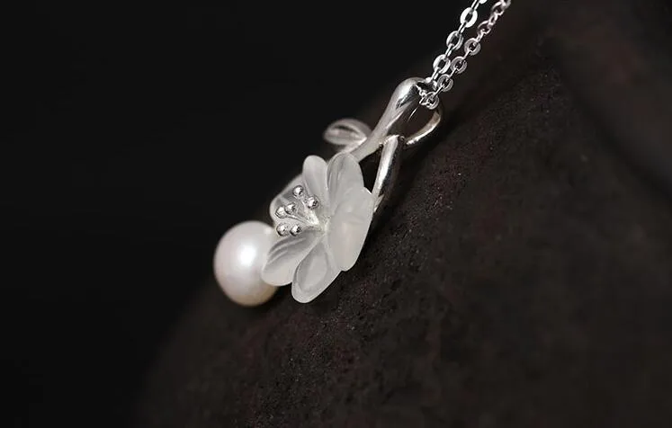 Anheng Halskjeder Ekte Sterling Sier Håndlagde Designer Fine Smykker Hvit Naturlig Perle Delikat Plommeblomst Blomst_voghion.com