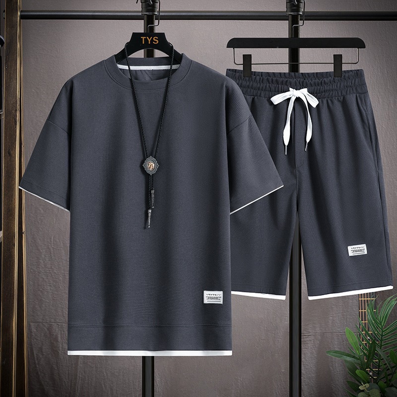 Neue Kurzarm Casual Sport Set Lose T-shirt Shorts Waffel Kleidung männer Sommer Tragen_voghion.com