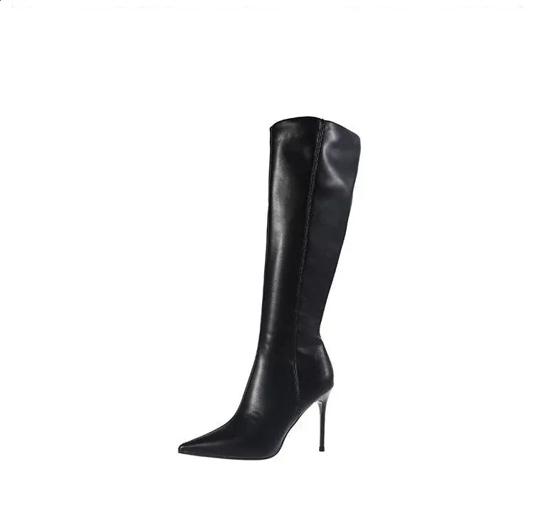 Schwarze lange spitze Zehen Super High Heels Damen Winter Knieschaft Stiefel Trend Halbe Saison 241116_voghion.com