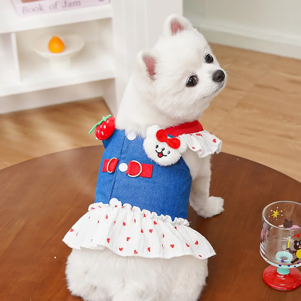 Chest Back Pet Cat Clothes Princess Thin Denim Cartoon Leash Dress Small Dog Spring Summer New Arrival_voghion.com