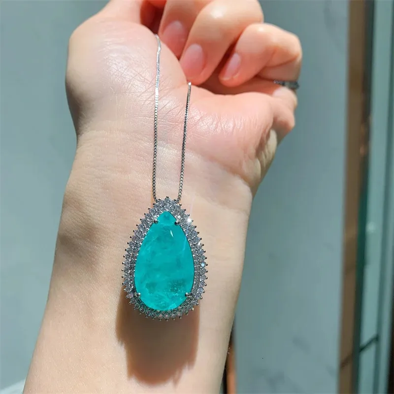 QXTC Vintage Paraiba Tormalina Gemstone Lab Diamanti Collana Orecchini Ciondoli Nozze Festa Pregiata Set di Gioielli_voghion.com
