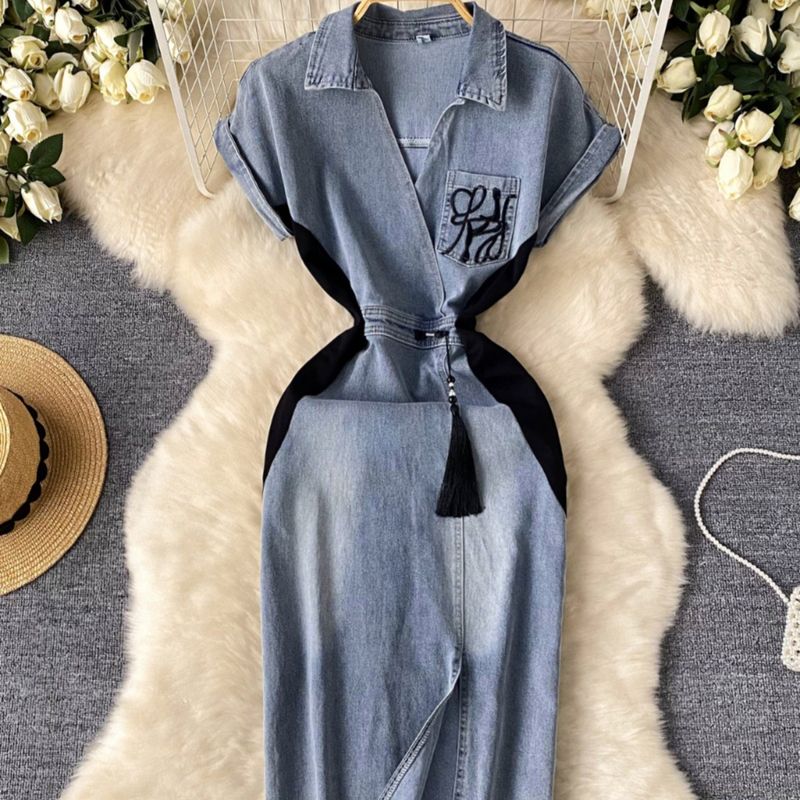 Kadın Giyim Retro ulusal trend tarzı kot elbise kadınlar için retro nakış bel inceltici yırtmaç kalça sarma moda_voghion.com