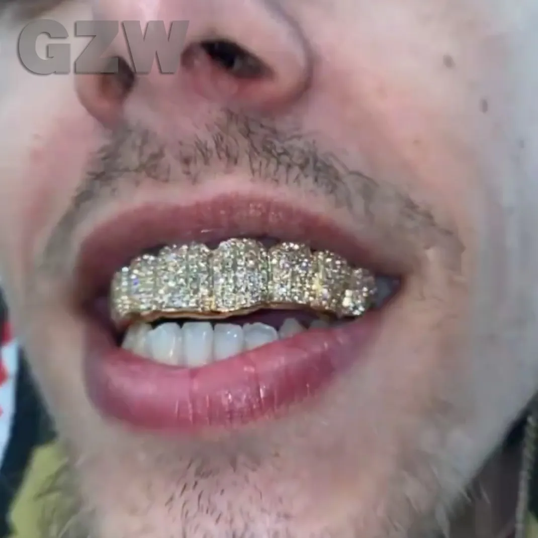 Echtes Gold Zähne Fang Grillz Punk Hip Hop Cubic Zirkon Iced Out Vampire Dental Mund Grills Zahnspangen Zahnkappe Rapper_voghion.com