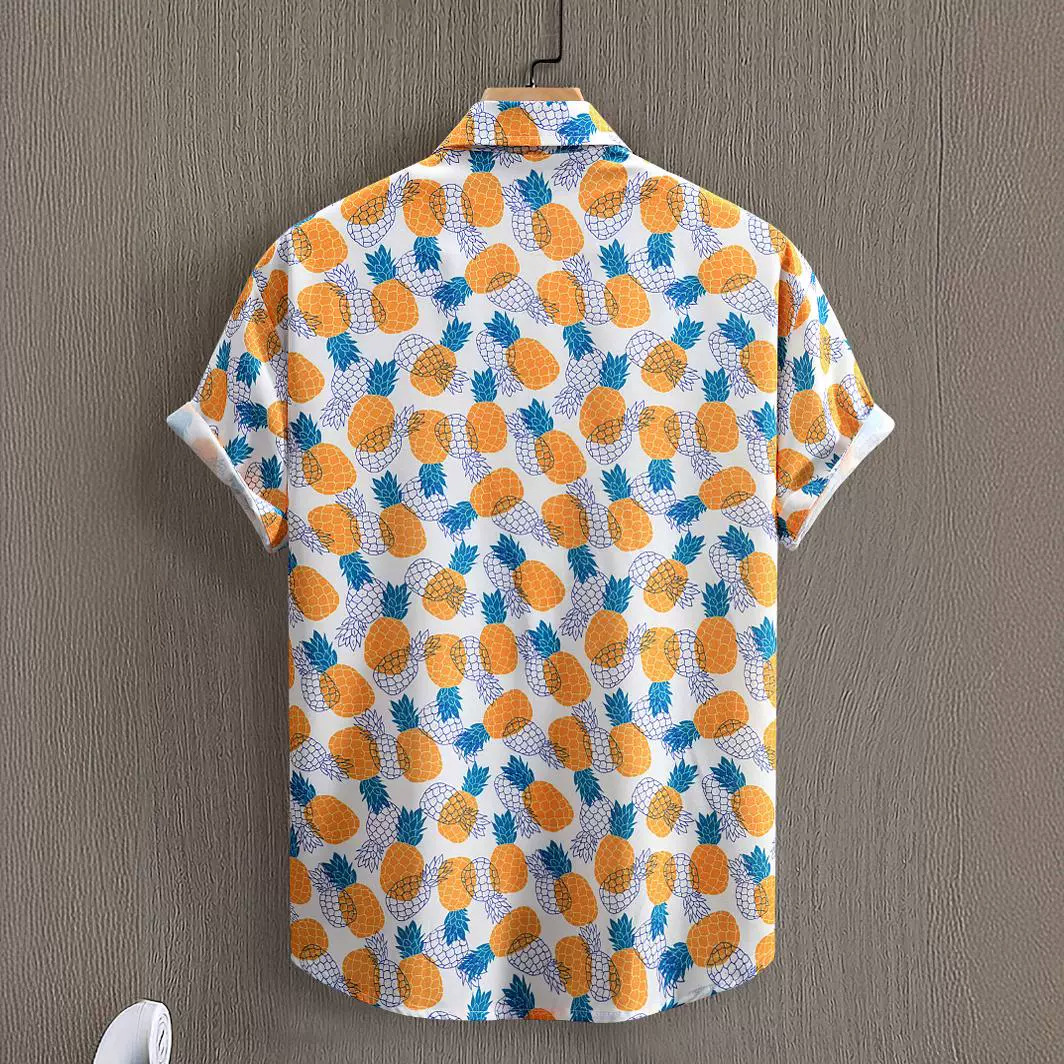 Men's Clothing  yellow and blue pineapple print men's short-sleeved shirt polyester men's shirt digital print summer 2024 new style_voghion.com