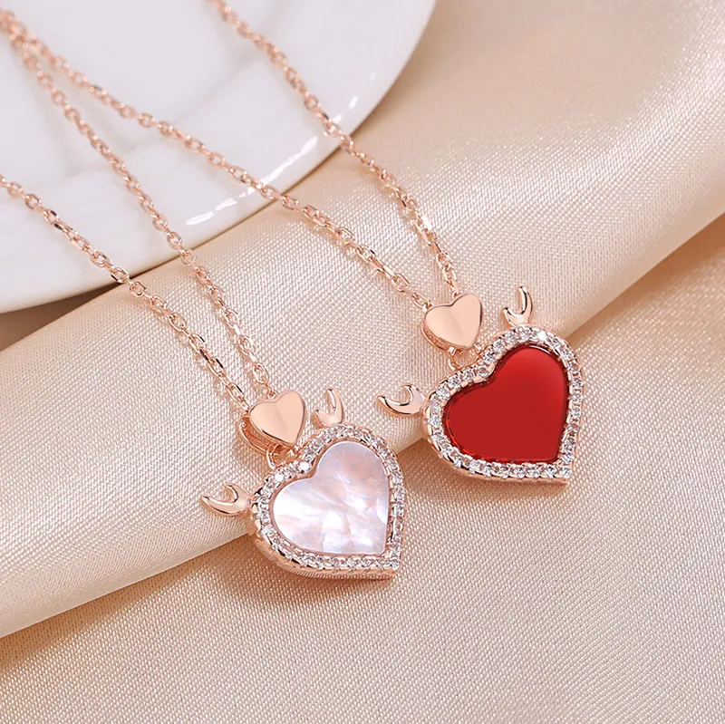 Sterling Love Necklace Rose Devil Antlers Red Agate Pendant_voghion.com
