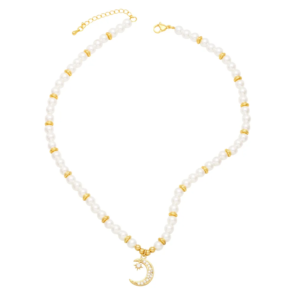 Anhänger Halsketten Flola Statement Weiße Perlenkette für Frauen Kupfer Zirkon Junge Mädchen Herz Vergoldeter Schmuck_voghion.com